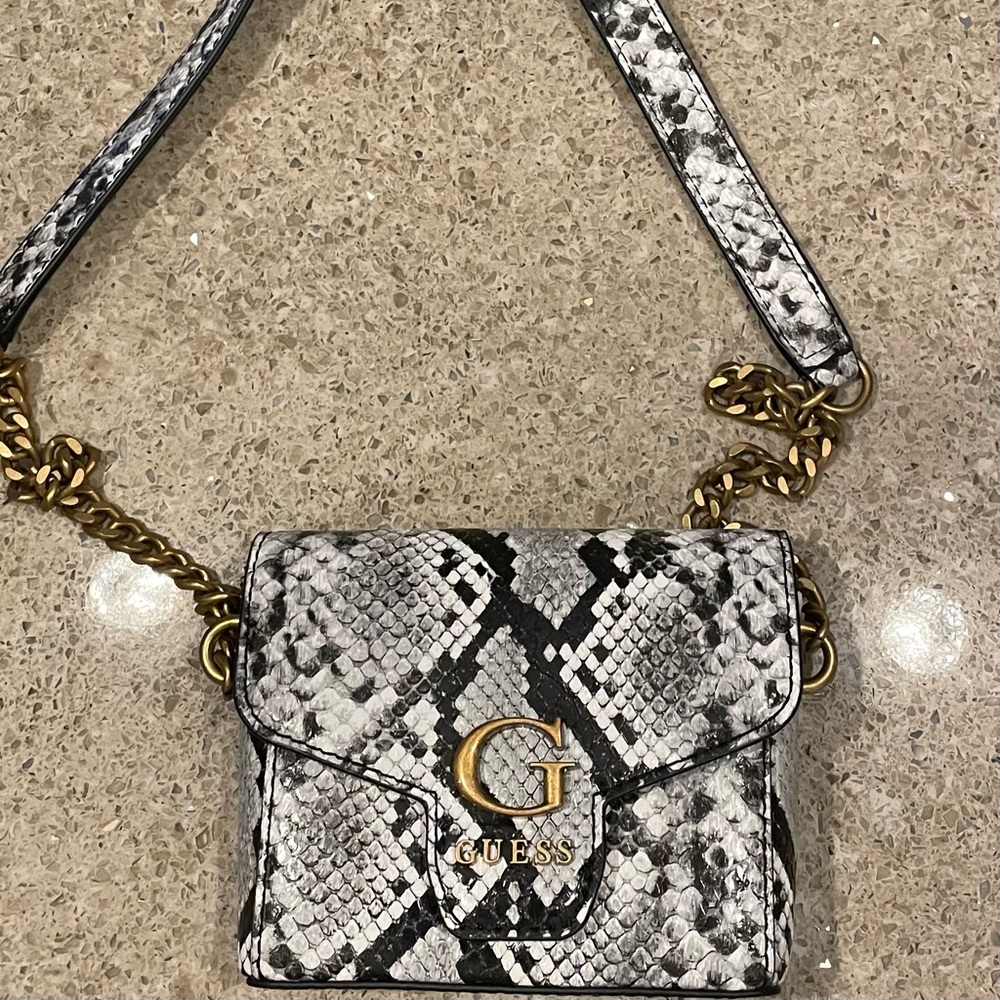 Guess Black and White Snakeskin Bag with Gold Accents